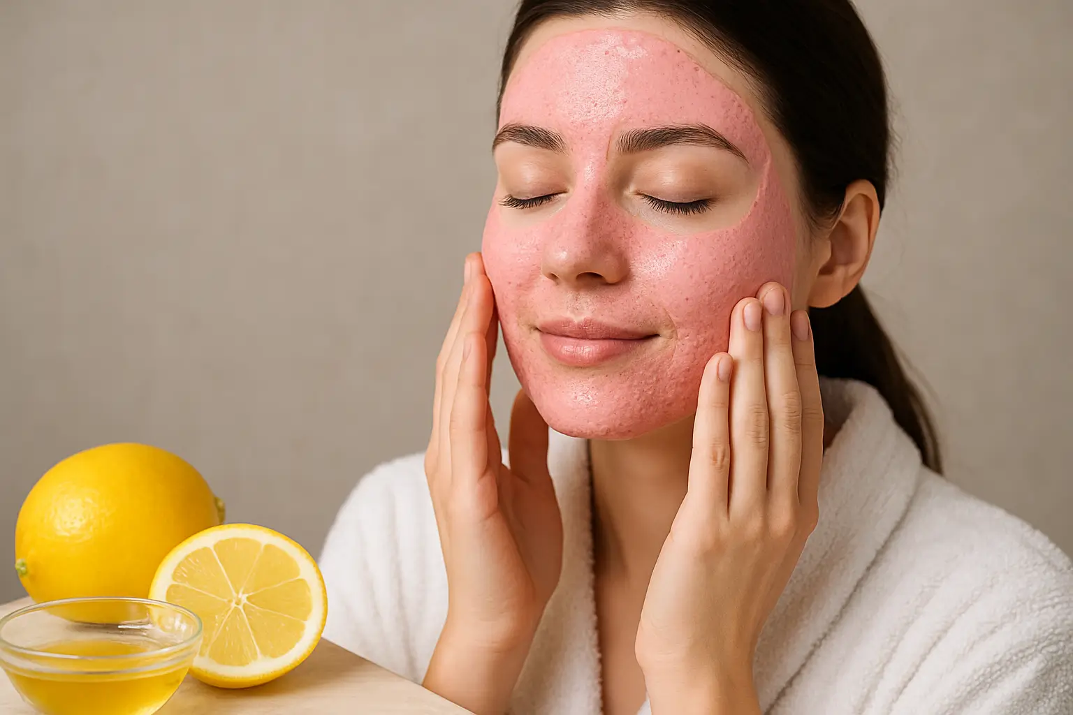 خانمی که در منزل در حال استفاده از ماسک آبلیمو و سفیده تخم مرغ است برای درمان منافذ باز پوست