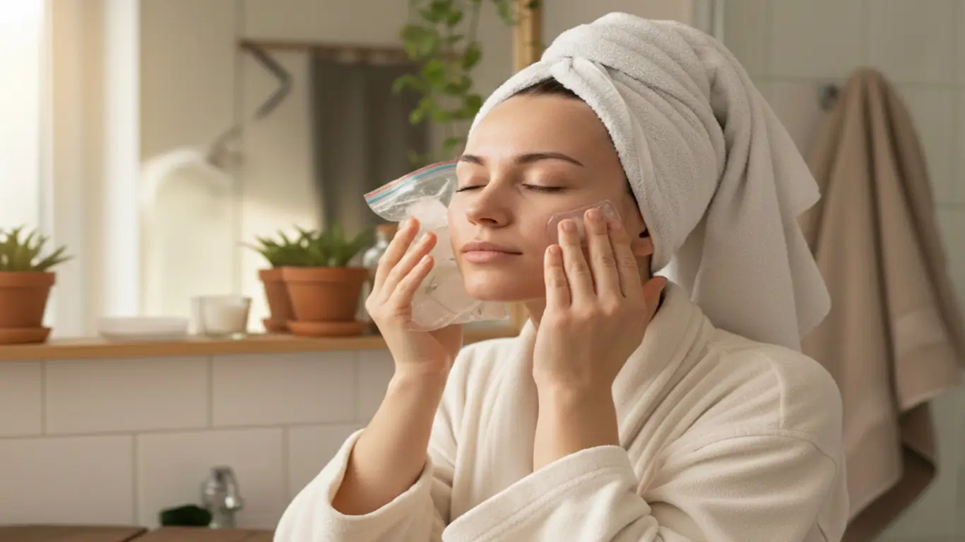 خانمی که برای درمان منافذ باز پوست خود از یخ در منزل استفاده می کند