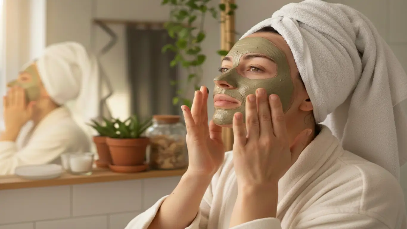 خانمی که برای درمان منافذ باز پوست خود در حال استفاده از ماسک خاک رس است